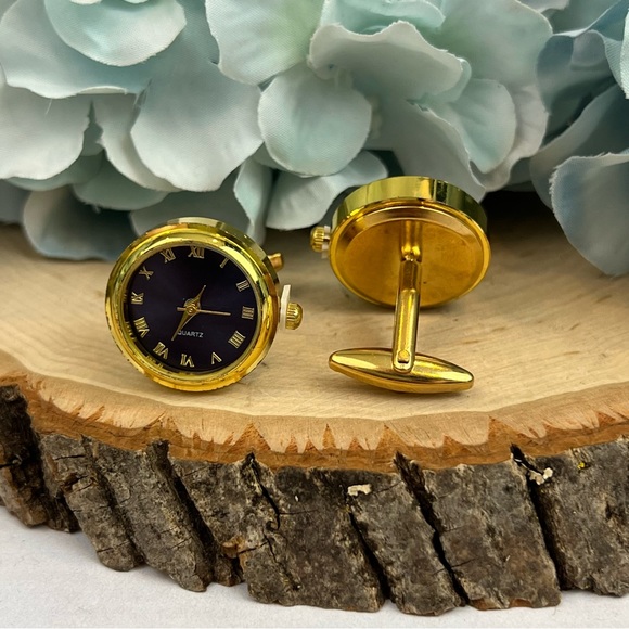 Elegant Ocean Blue and Gold Quartz Watch Cufflinks - Picture 9 of 16
